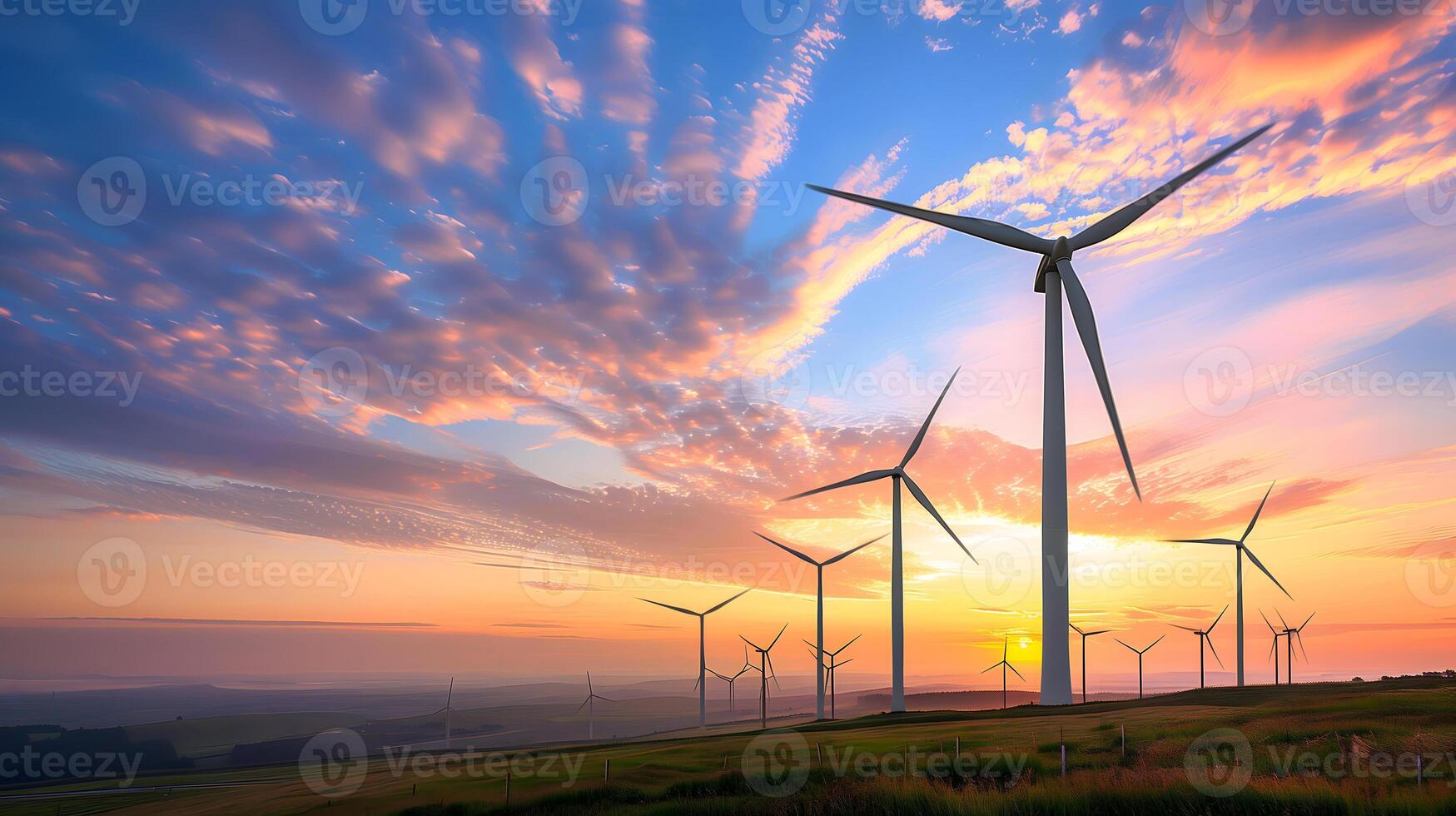 photographier de vent turbines ensemble contre une captivant lever du soleil toile de fond. concept de durable énergie génération photo