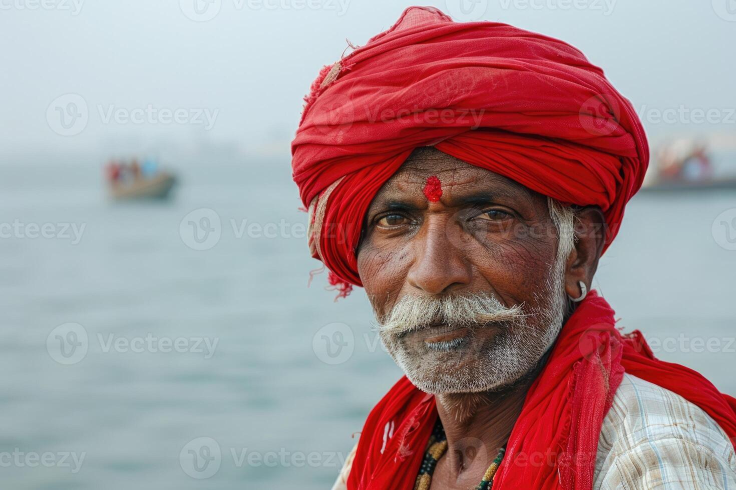 portrait de Indien homme portant rouge turban sur au bord du lac photo