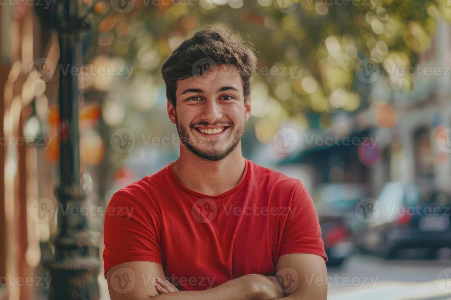 content Jeune homme dans rouge chemise souriant avec franchi bras. photo
