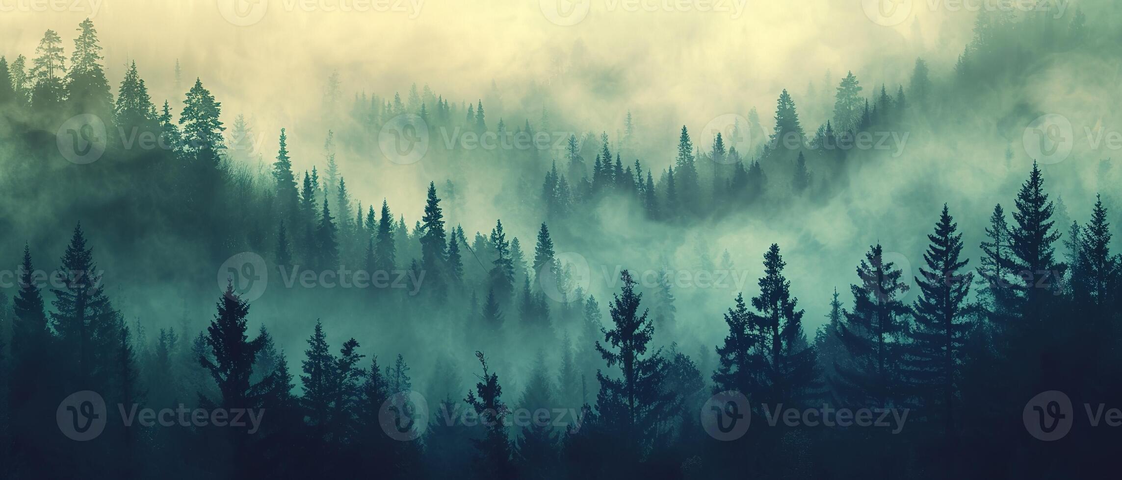 une forêt rempli avec beaucoup de vert des arbres couvert dans une couverture de brouillard et smog ciels avec montagnes dans le distance photo