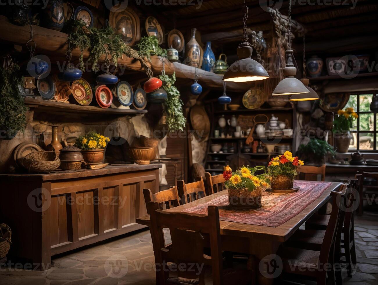 une cuisine avec des pots et des casseroles de le plafond. authentique intérieur de une en bois maison photo