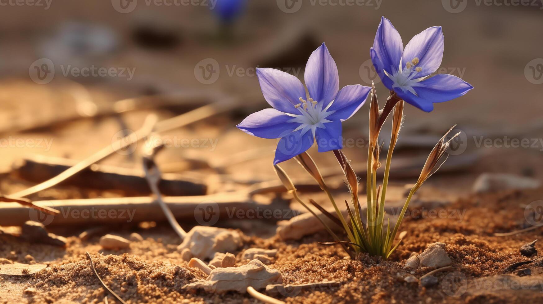 sauvage bleu lin fleurs brillant en dessous de chaud désert Soleil dans sablonneux terrain photo