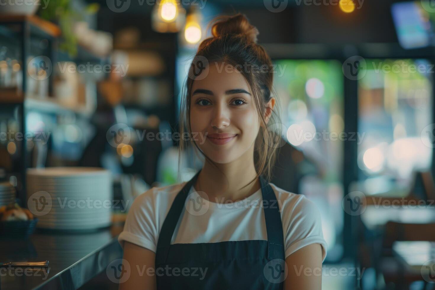 femme apprend restaurant fonctions tandis que travail partie temps. photo