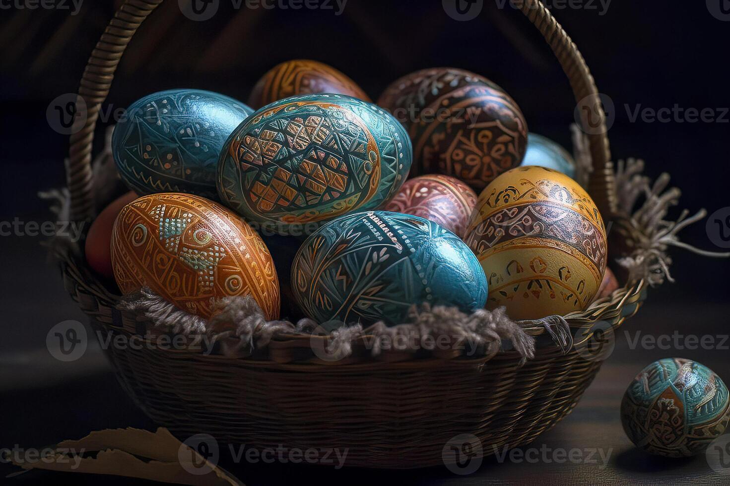 fermer vue de une vibrante coloré Pâques rempli d'œufs panier contre une foncé arrière-plan, capturer le de fête et joyeux essence de le Pâques saison photo