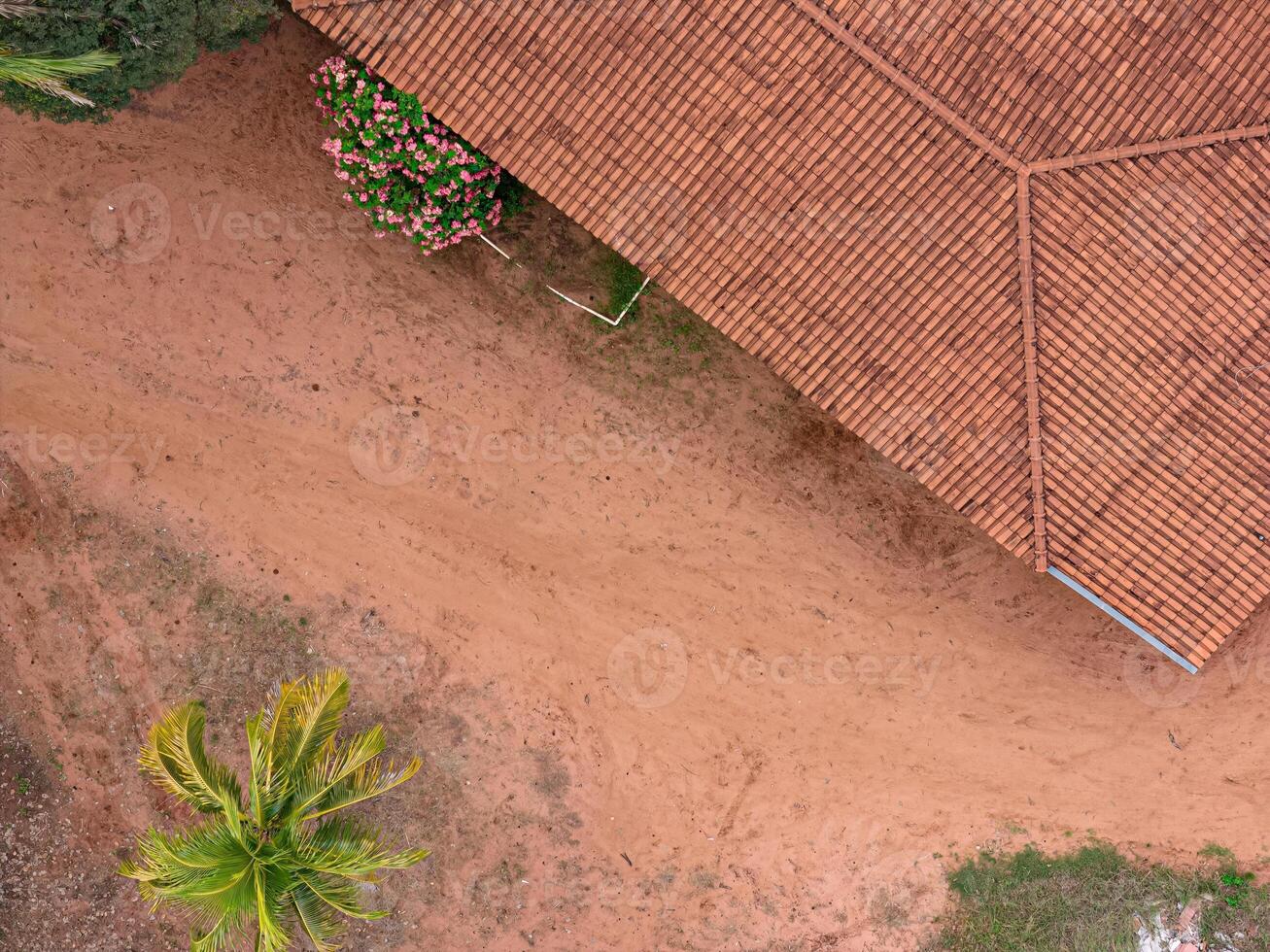 Haut vue ferme avec toit les plantes et saleté sol photo