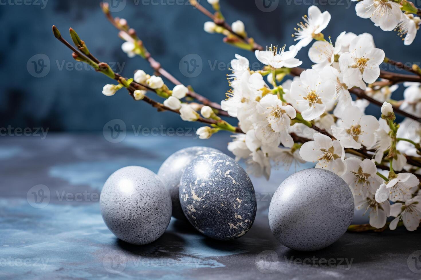 exquis Pâques des œufs orné avec floral délices dans une tranquille, pâle bleu réglage photo