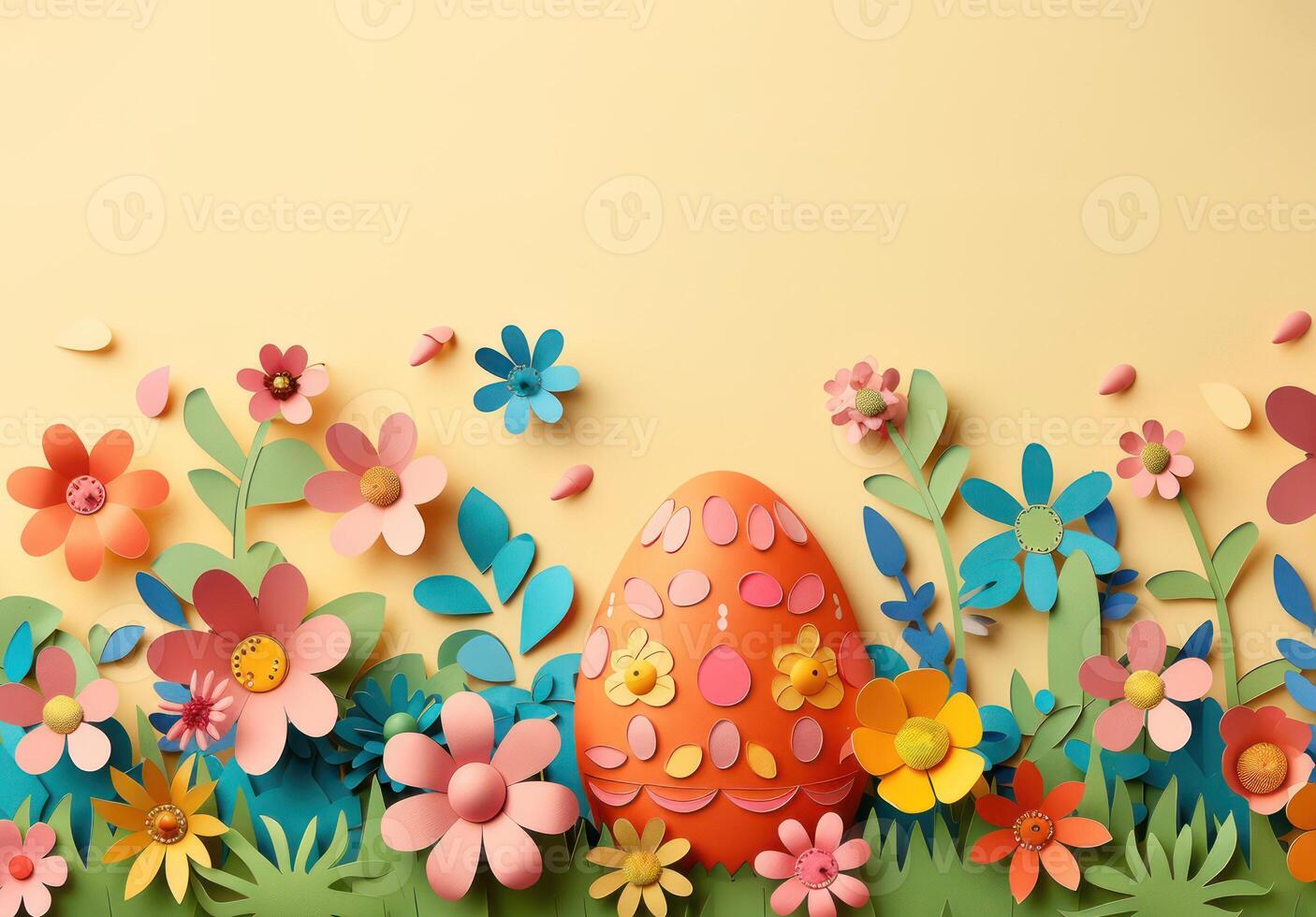 papier Couper illustration de coloré papier art Pâques lapin, herbe, fleurs et Oeuf forme photo