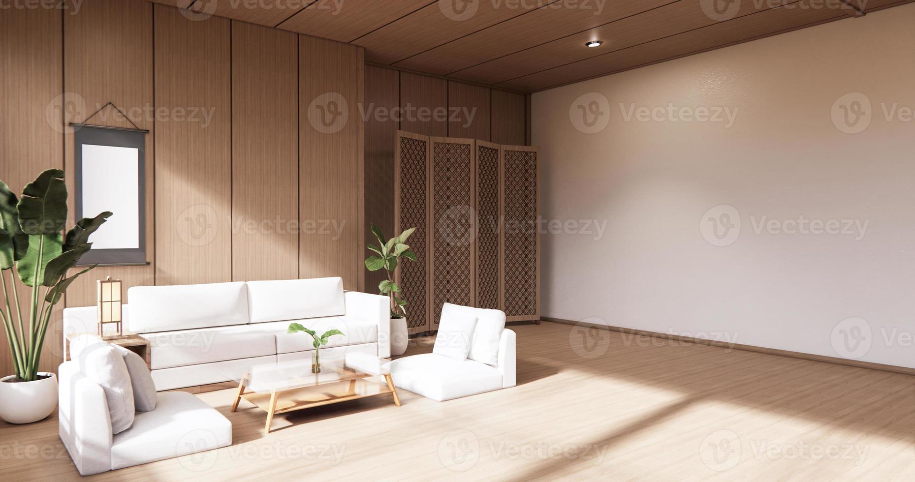 le design d'intérieur en bois, salon moderne zen style japonais. rendu 3d photo