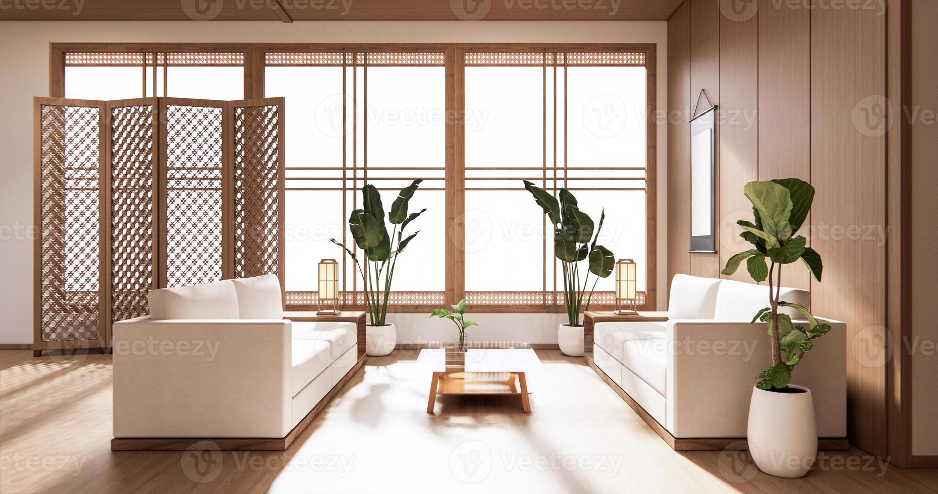 le design d'intérieur en bois, salon moderne zen style japonais. rendu 3d photo