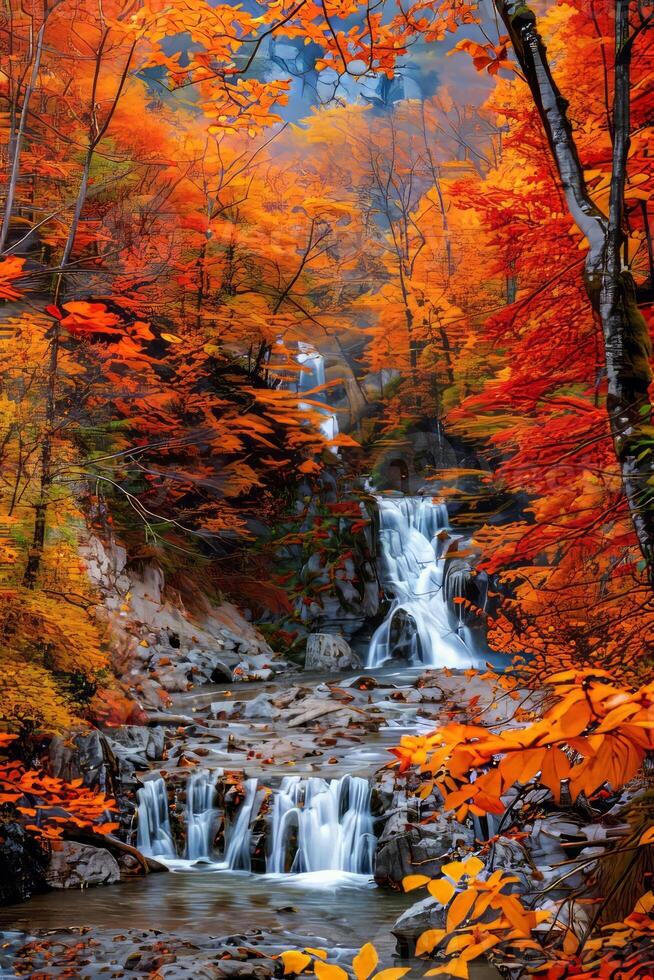 tranquille l'automne cascade en cascade par une boisé zone à crépuscule photo