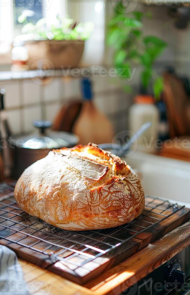 fraîchement cuit artisan pain refroidissement sur une métal grille dans une Accueil cuisine photo