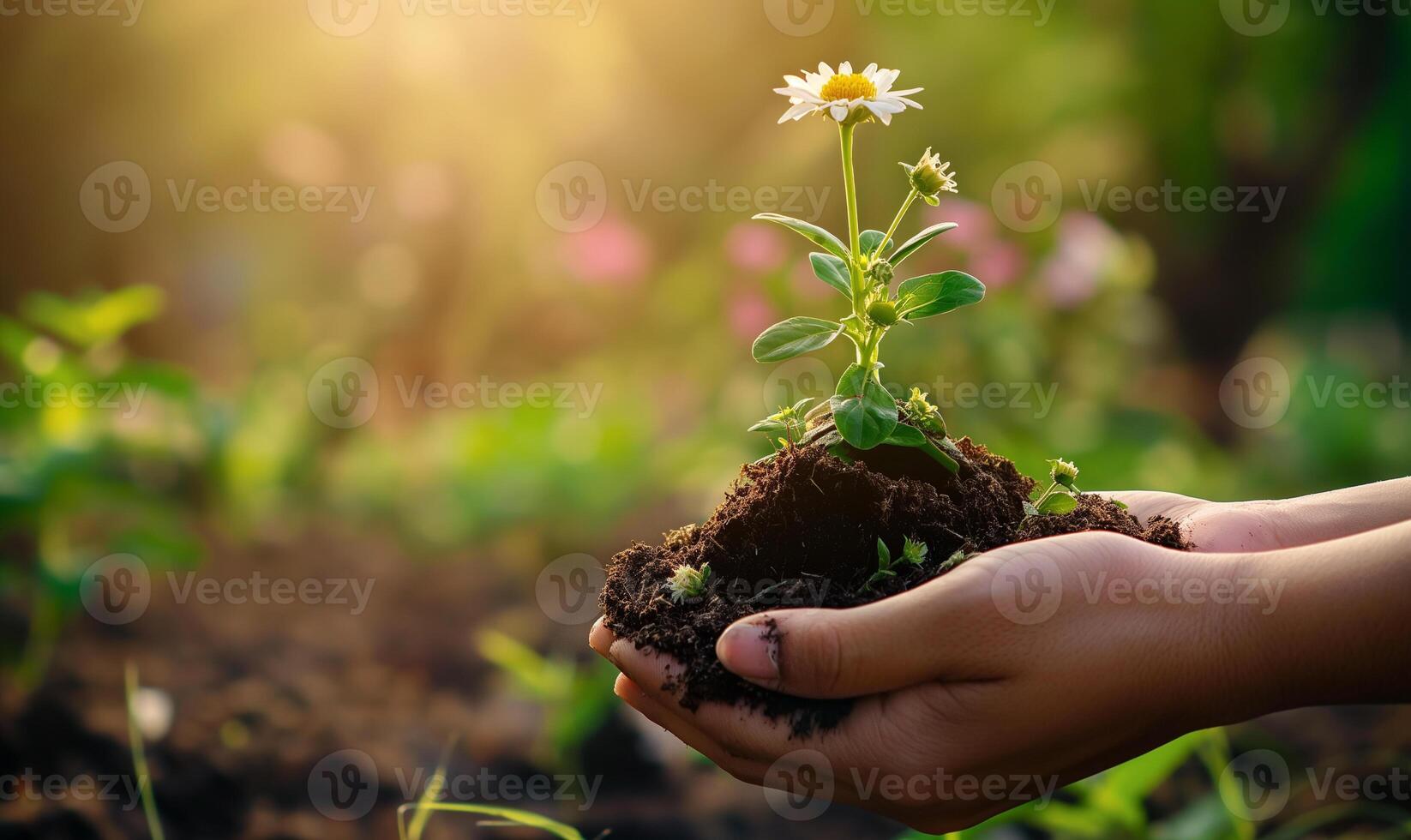 nourrir croissance mains plantation Jeune plante dans fertile sol photo