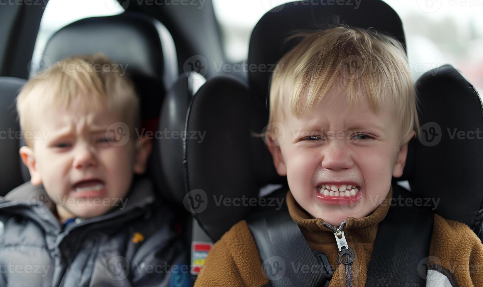 contrastant émotions curieuse garçon et pleurs enfant de mêmes parents dans voiture des places pendant le coucher du soleil conduire photo