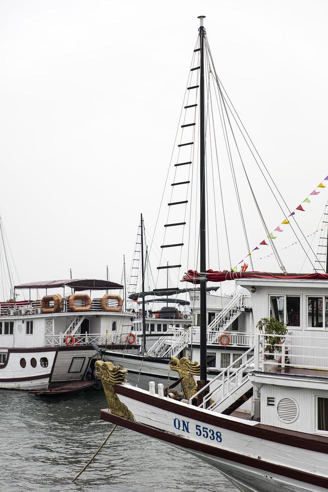 halong, vietnam, 28 février 2017 - bateaux de croisière touristiques au port d'halong. les principales industries à halong sont le tourisme, les services, le commerce, l'agriculture, la foresterie et la pêche photo