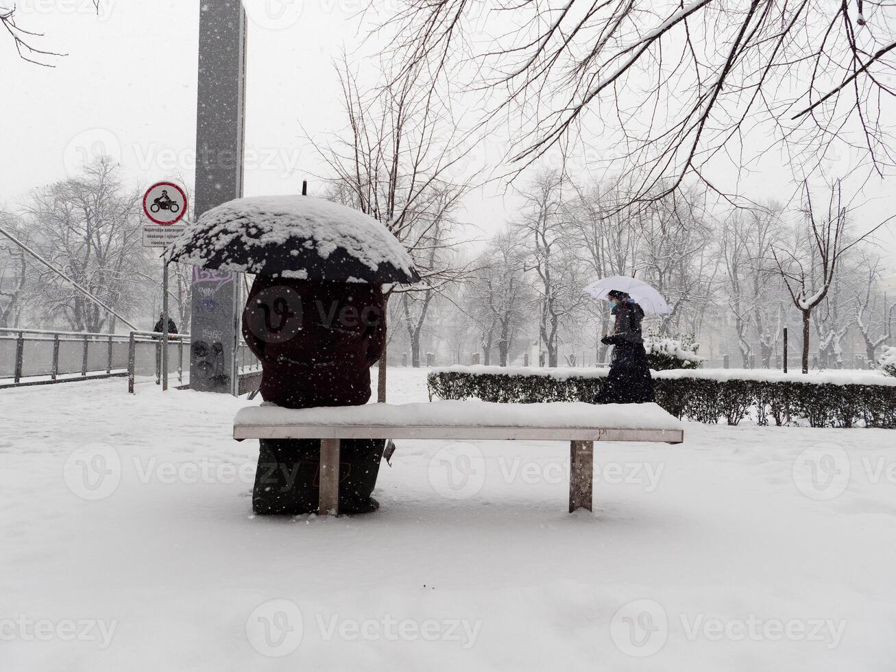 lourd chute de neige dans le ville. gens en marchant dans le des rues. des arbres et branches couvert dans blanche. hiver temps dans le ville. photo