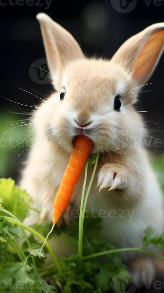une mignonne peu lapin en mangeant carotte. Pâques Oeuf concept, printemps vacances photo
