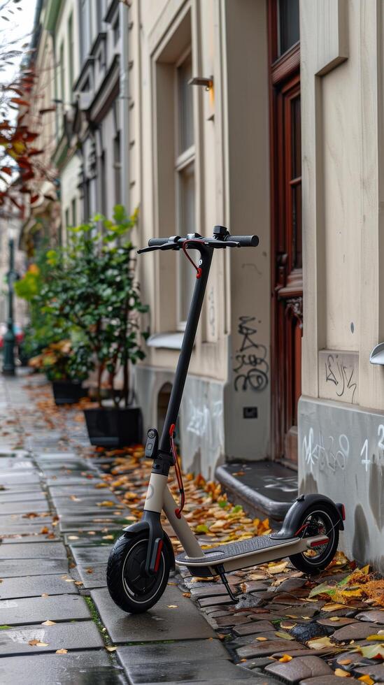 scooter garé sur chemin dans les bois photo