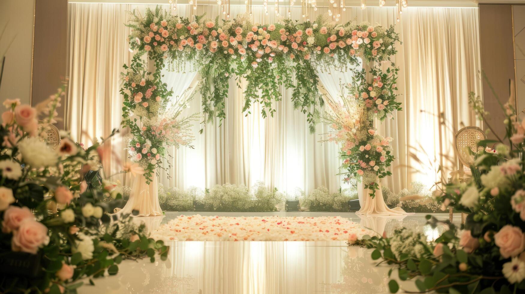 mariage étape décoration Contexte à l'intérieur le bâtiment avec élégant et magnifique fleur décorations photo