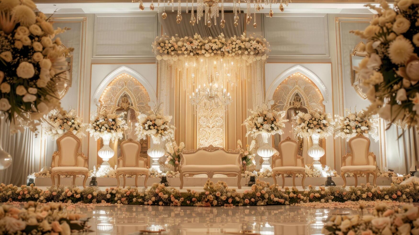 mariage étape décoration Contexte à l'intérieur le bâtiment avec élégant et magnifique fleur décorations photo