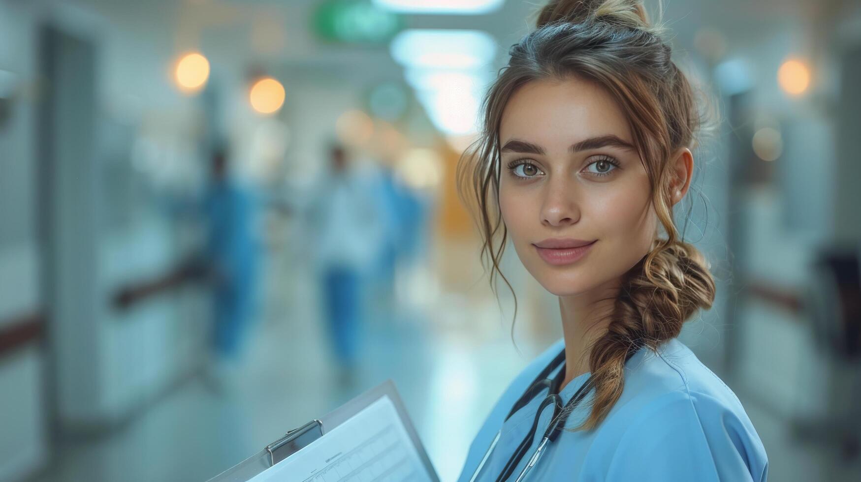 femelle infirmière dans gommages en portant presse-papiers dans hôpital couloir photo