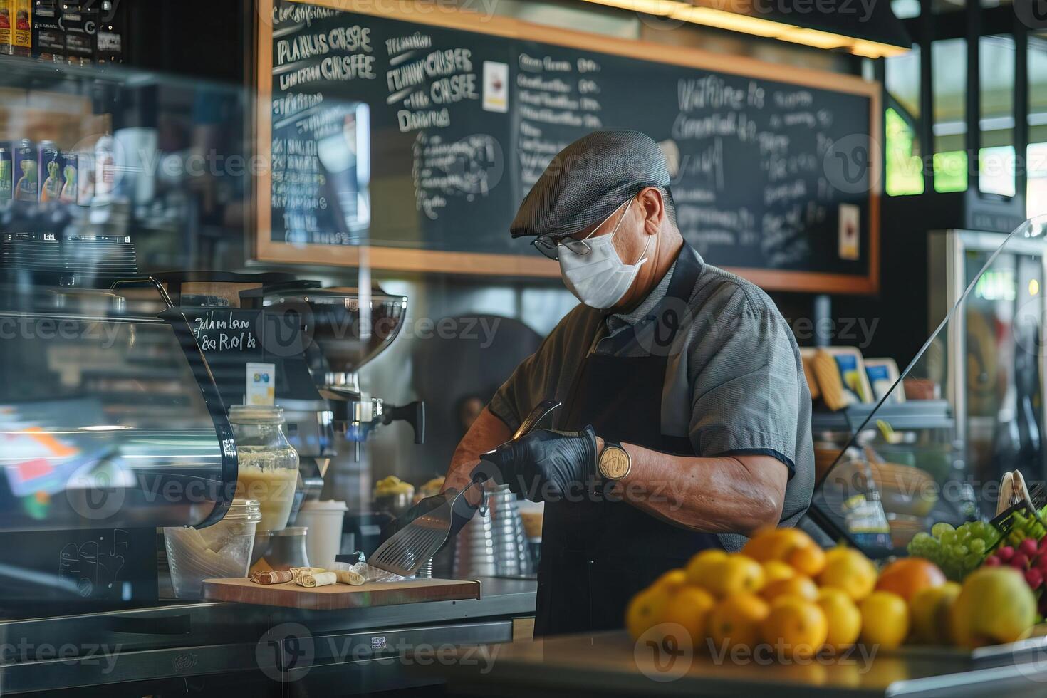 ai généré café propriétaire dans masque annonce couronne spéciaux sur planche. photo