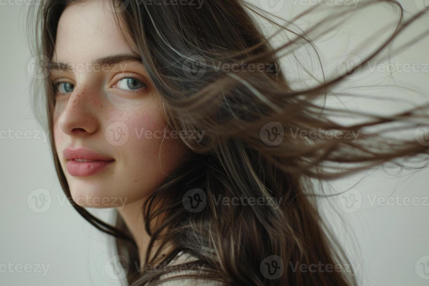 ai généré magnifique longue cheveux sur un attrayant femme plus de blanc planche photo