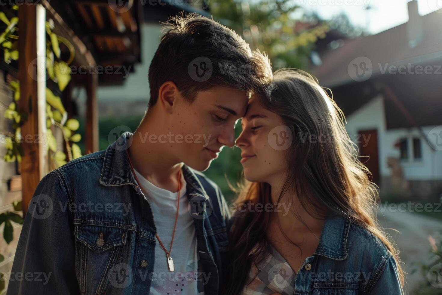 ai généré Jeune couple vivant près maison. photo