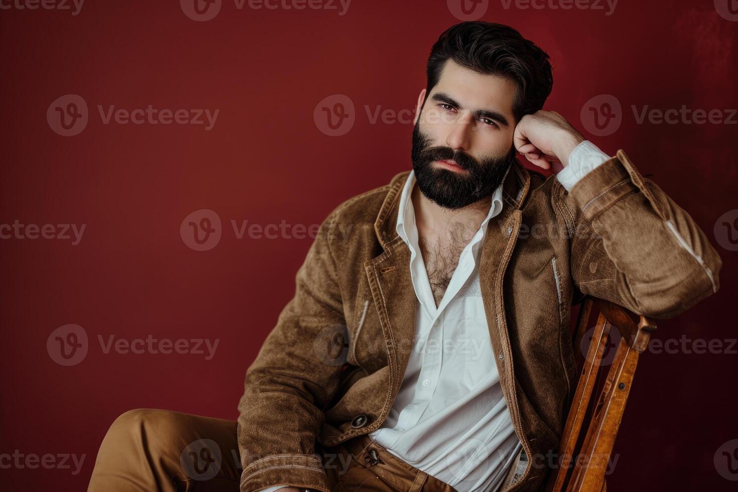 ai généré élégant homme dans blanc chemise et marron veste dans studio. photo