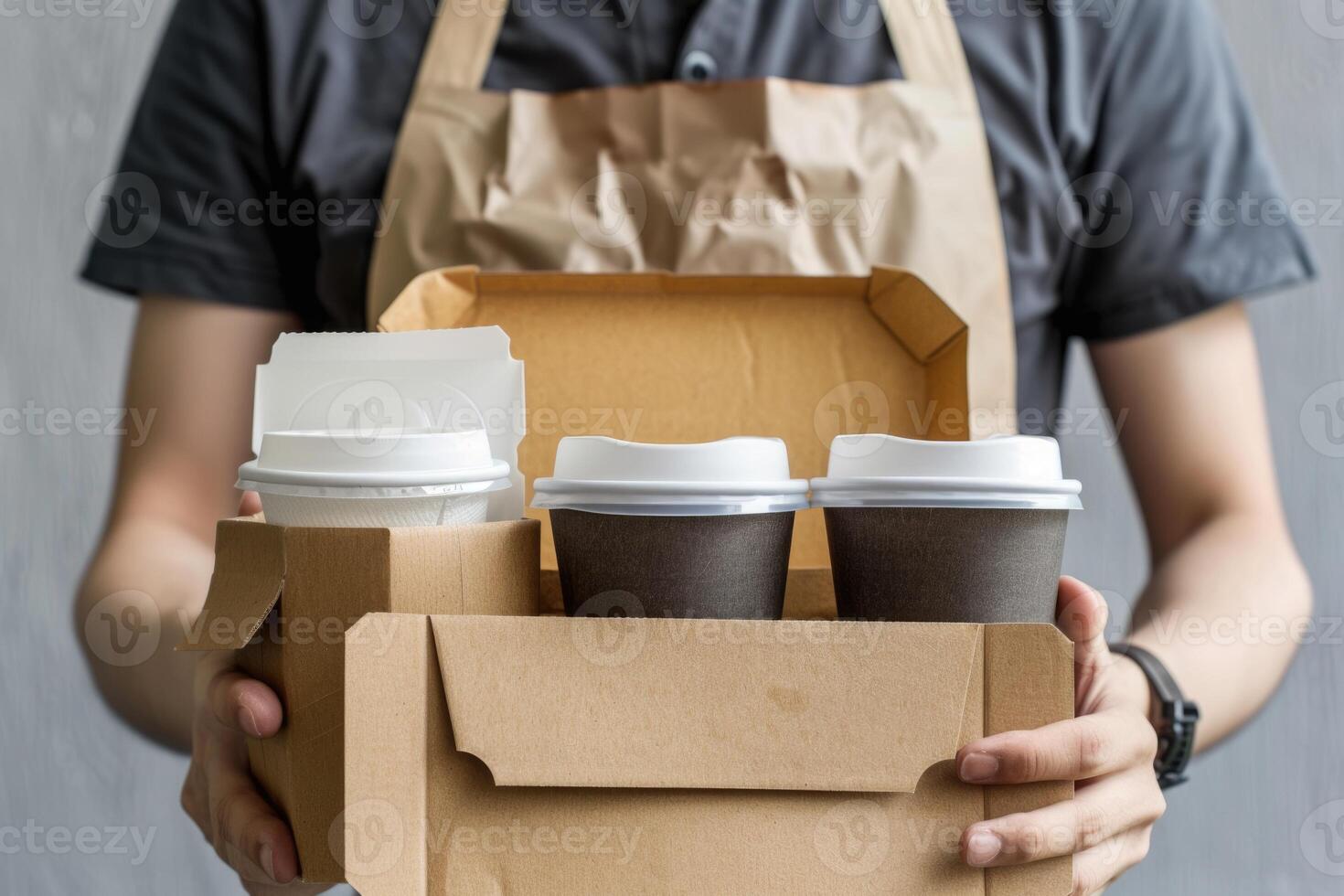 ai généré divers prendre en dehors conteneurs café tasses Pizza boîte livraison homme. photo