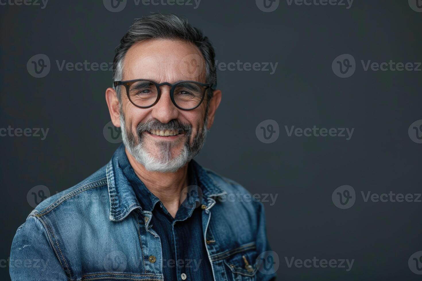 ai généré portrait de mature homme avec faciale cheveux et des lunettes souriant dans studio. photo