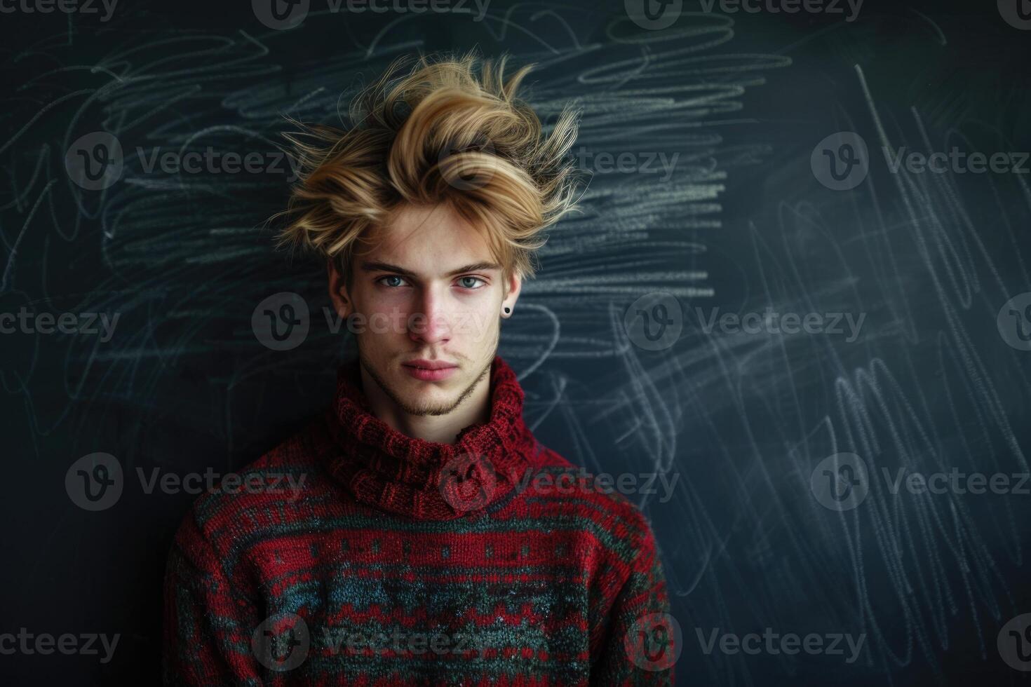 ai généré portrait de une à la mode Jeune homme avec marrant cheveux sur foncé Contexte tableau noir fond photo