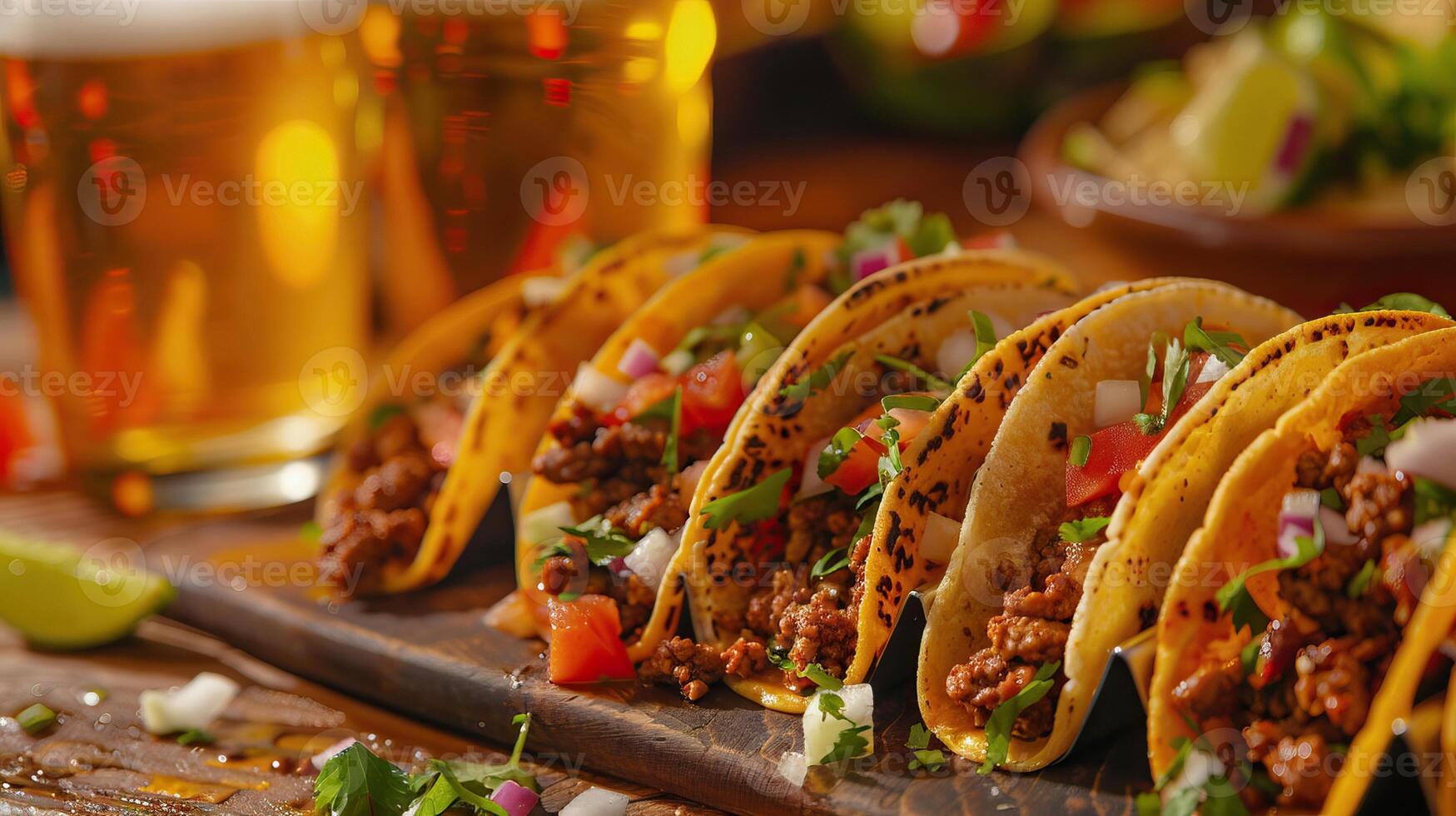 ai généré authentique mexicain tacos avec Bière sur en bois table coup avec sélectif concentrer photo