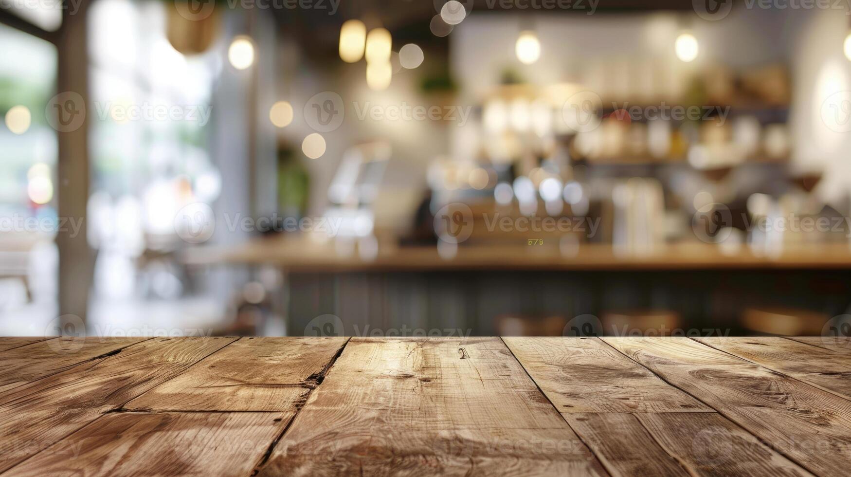 ai généré en bois table et étagère dans café réglage pour produit afficher photo