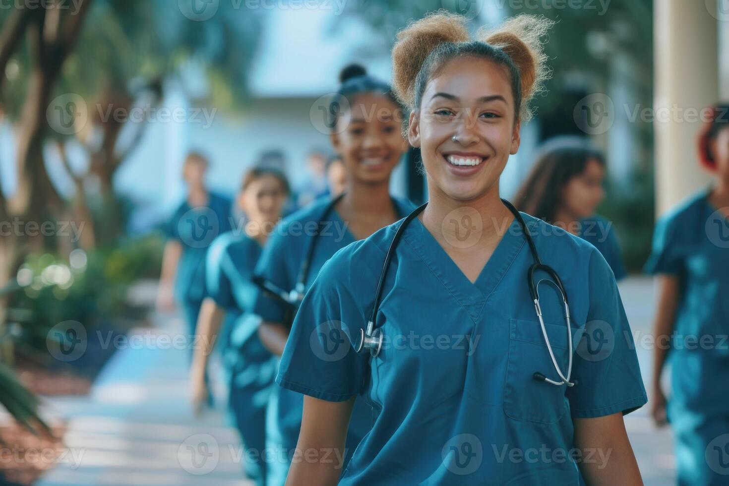 ai généré diverse équipe de médical élèves dans gommages sur Campus. photo