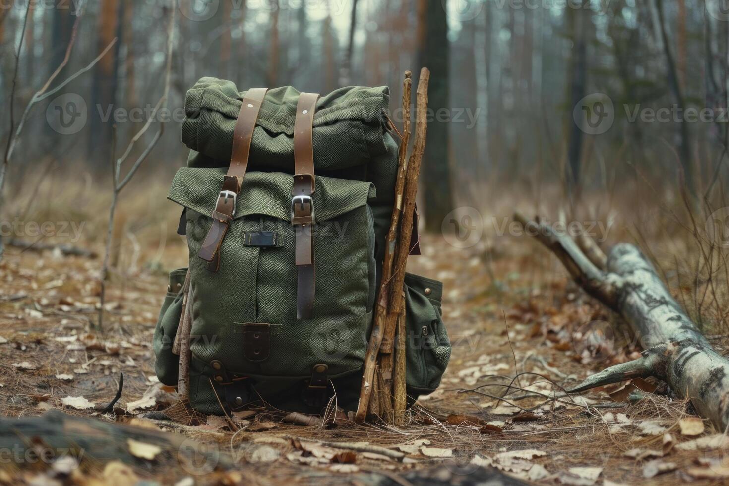 ai généré durable vert des sports sac à dos rempli avec pique-nique Provisions dans forêt. photo