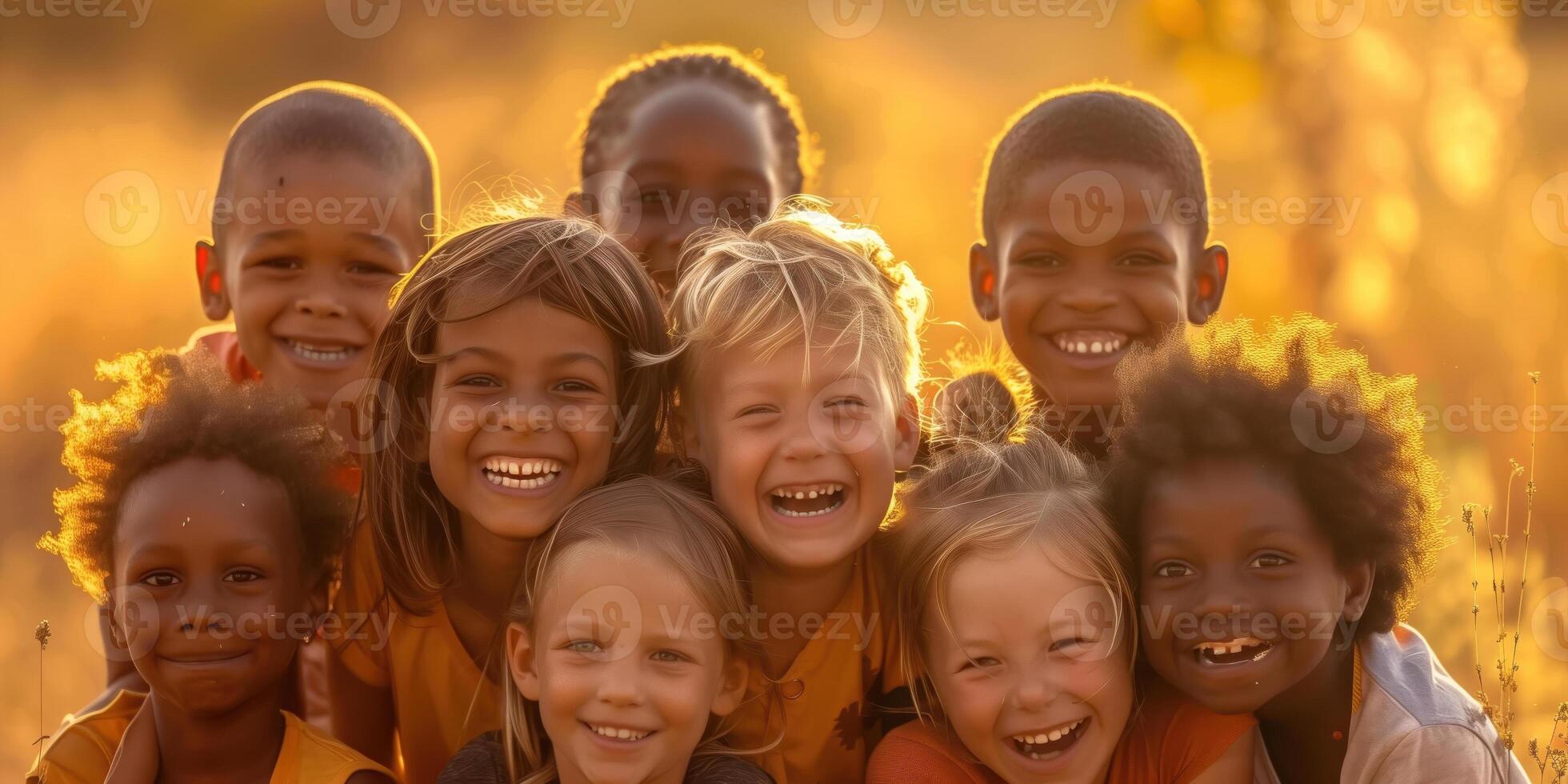 ai généré groupe de content amical les enfants ayant amusement ensemble pour enfants journée vacances photo