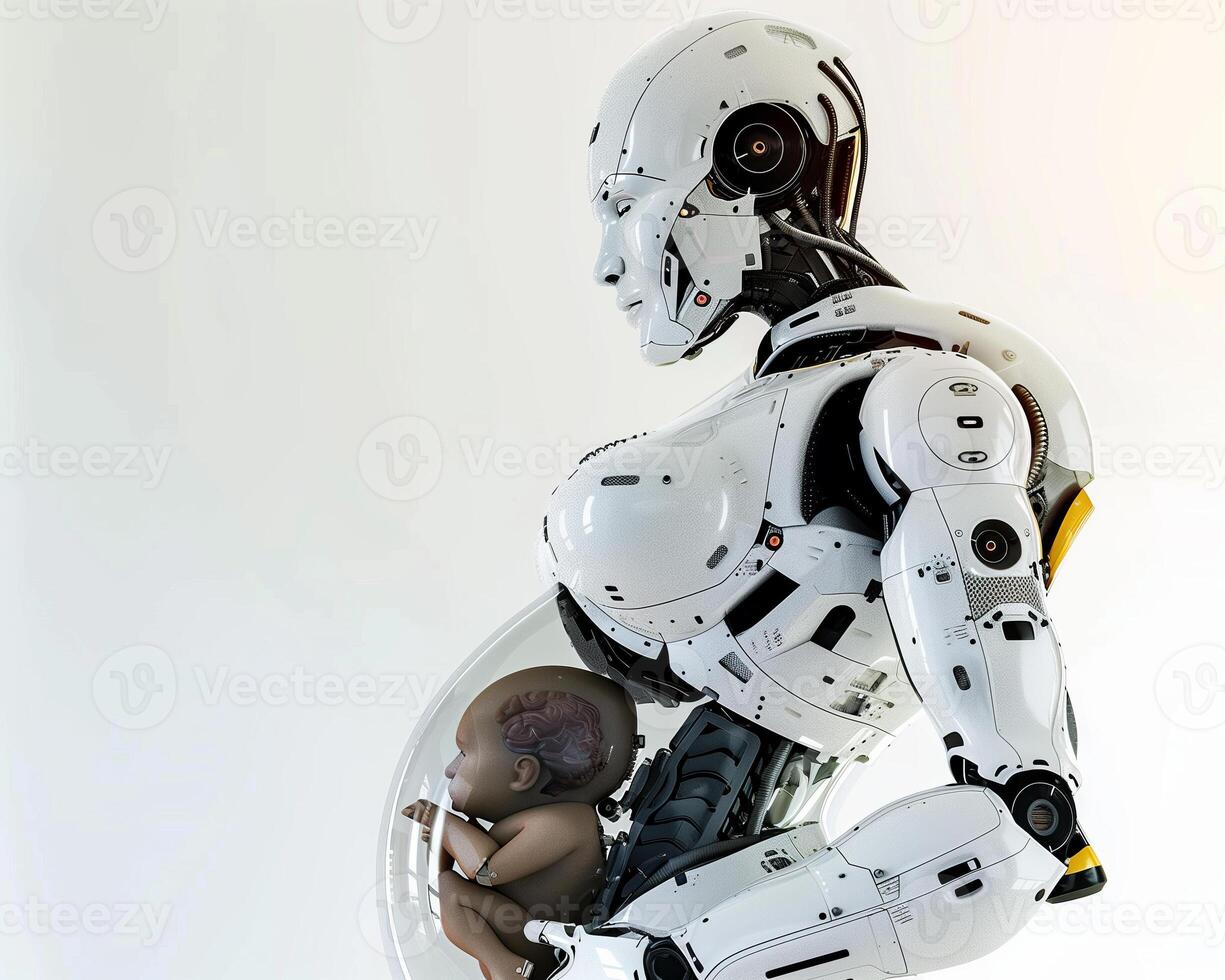 futur concept mère robot comme Humain femme avec Humain enfant photo