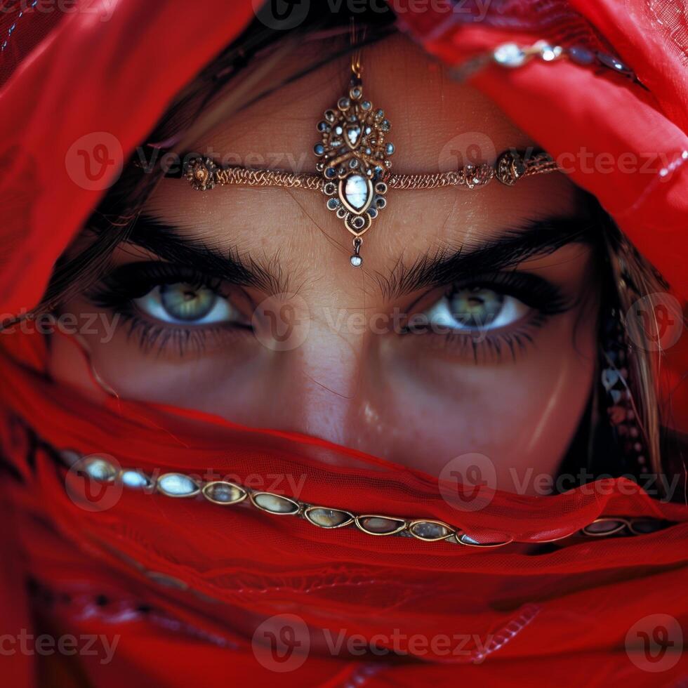 un est fille avec captivant yeux dans traditionnel Oriental tenue photo