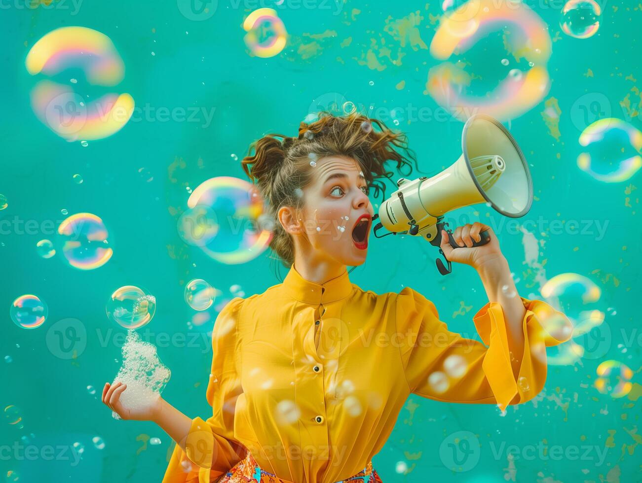 femme avec une mégaphone pour nouvelles alimente et Ventes commercialisation, thème de protéger aux femmes droits et féminisme. photo