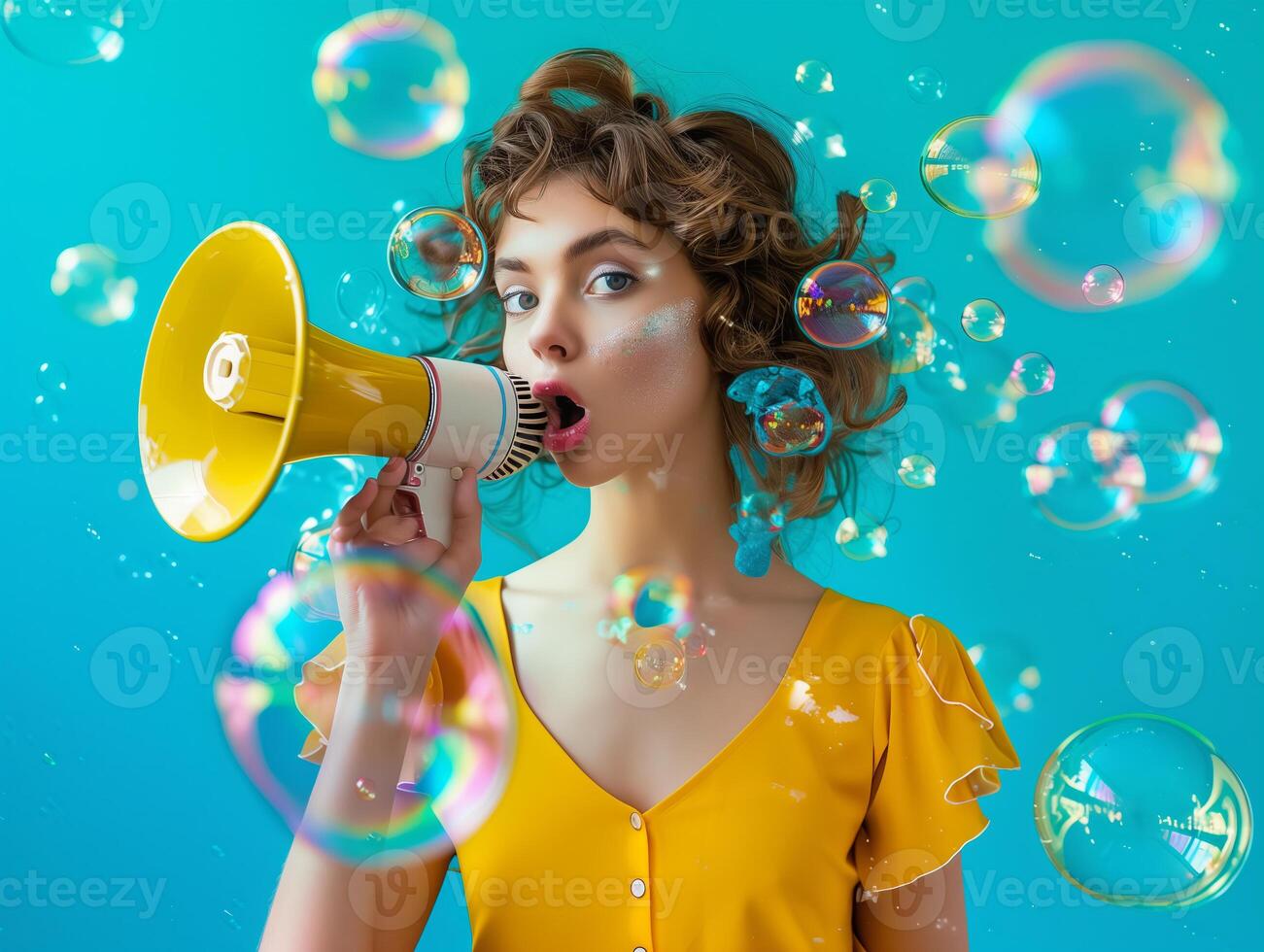 femme avec une mégaphone pour nouvelles alimente et Ventes commercialisation, thème de protéger aux femmes droits et féminisme. photo