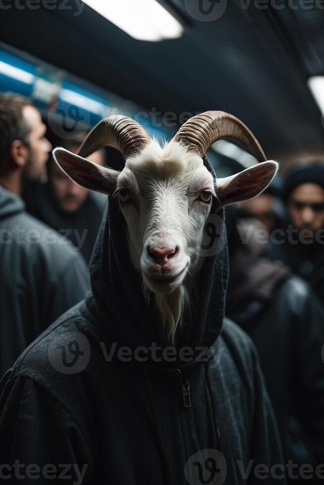 une chèvre portant des lunettes de soleil et une sweat à capuche sur une métro photo