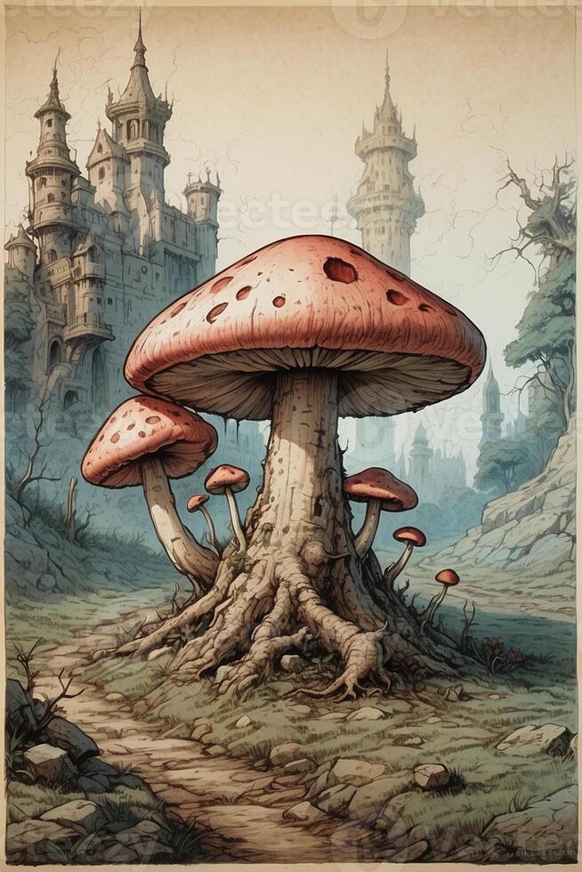 une champignon maison avec deux champignons sur Haut photo