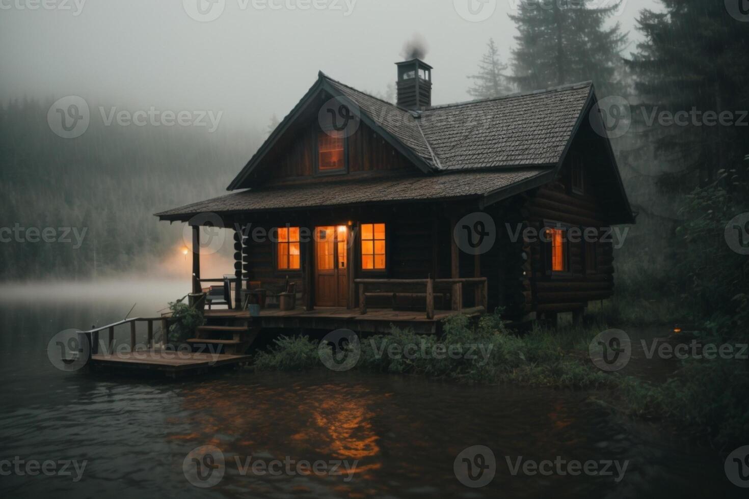une cabine est assis sur le rive de une Lac dans le brouillard photo