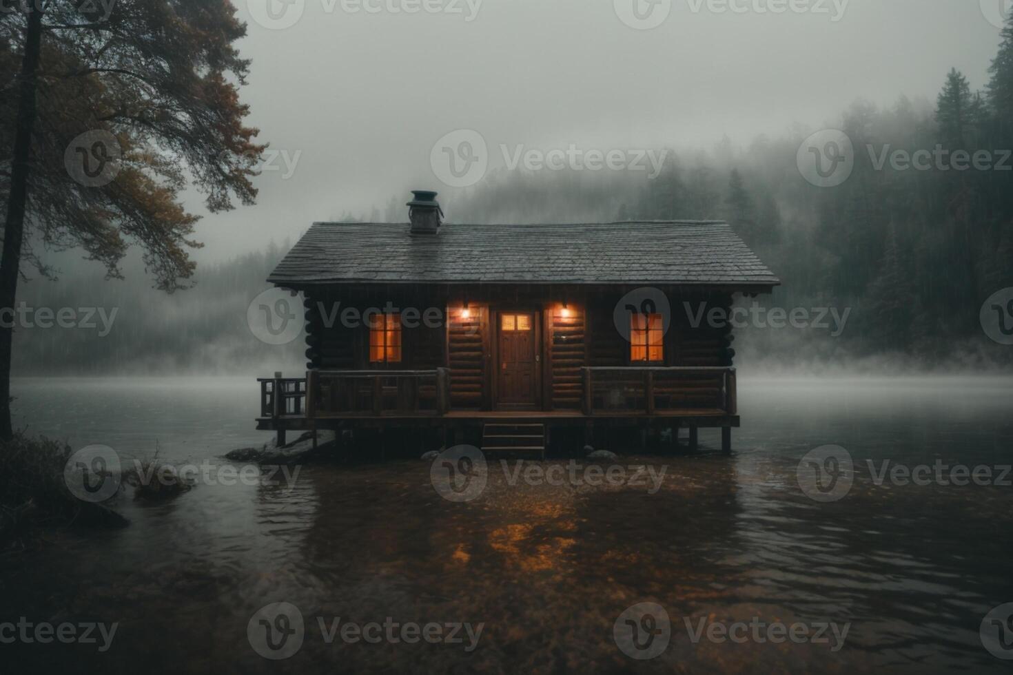 une cabine est assis sur le rive de une Lac dans le brouillard photo