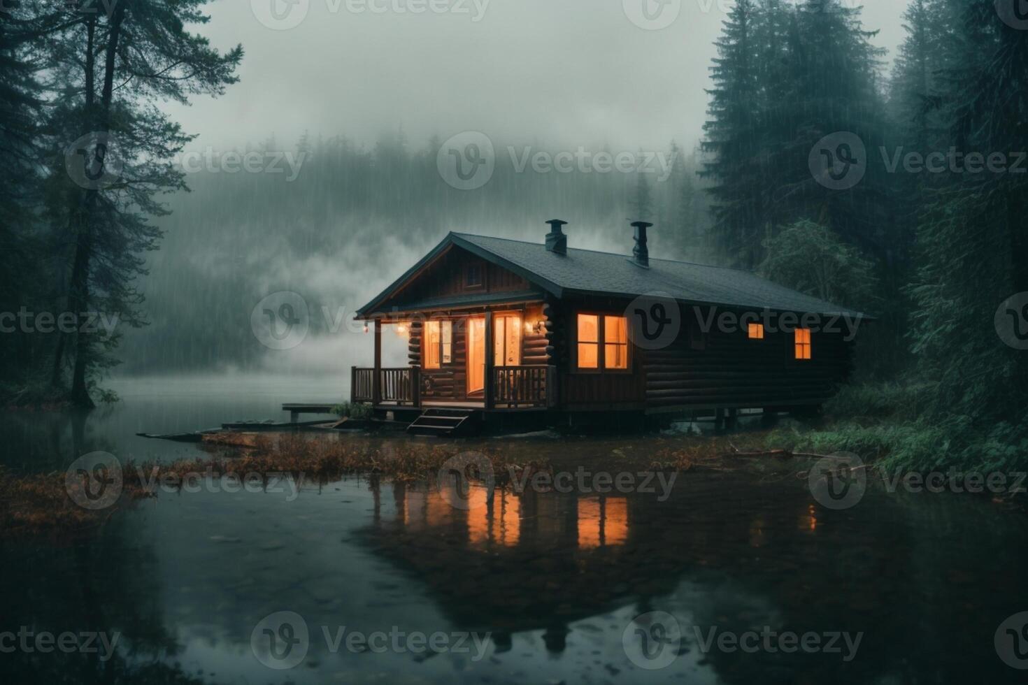 une cabine est assis sur le rive de une Lac à crépuscule photo