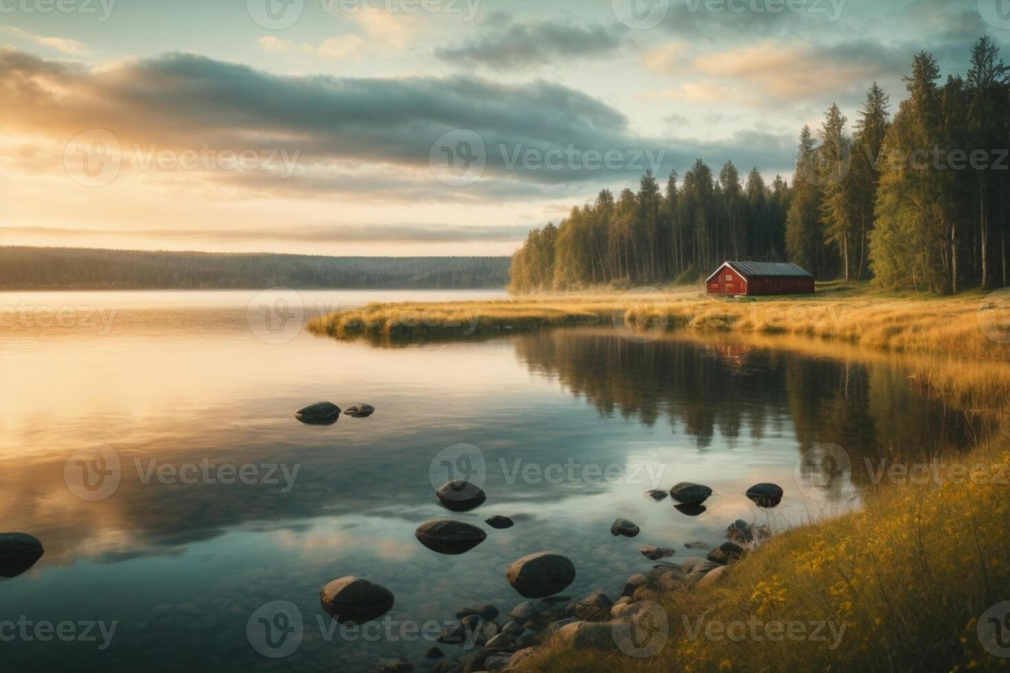 une Lac entouré par des arbres et herbe en dessous de une nuageux ciel photo