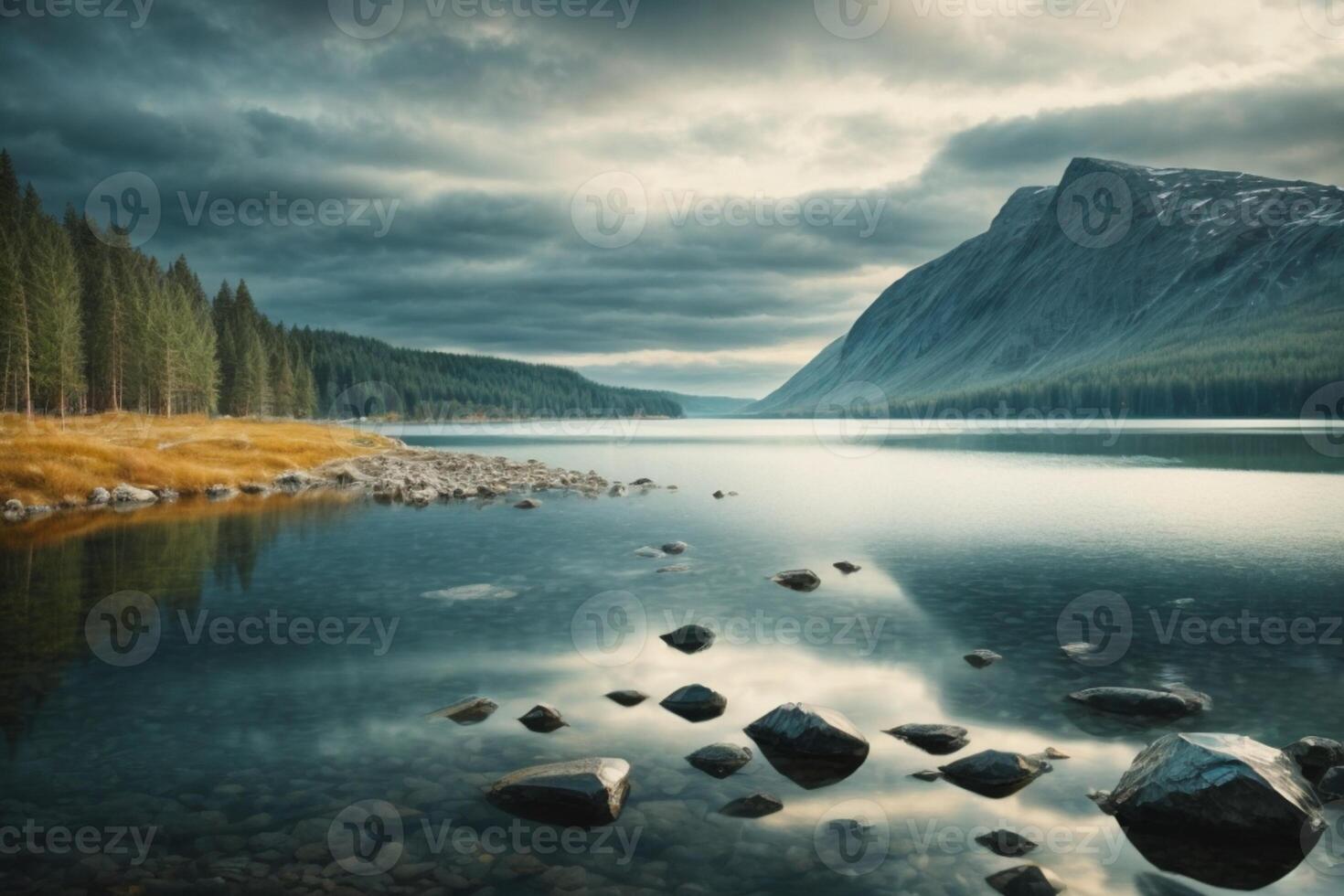 une Lac entouré par des arbres et une nuageux ciel photo