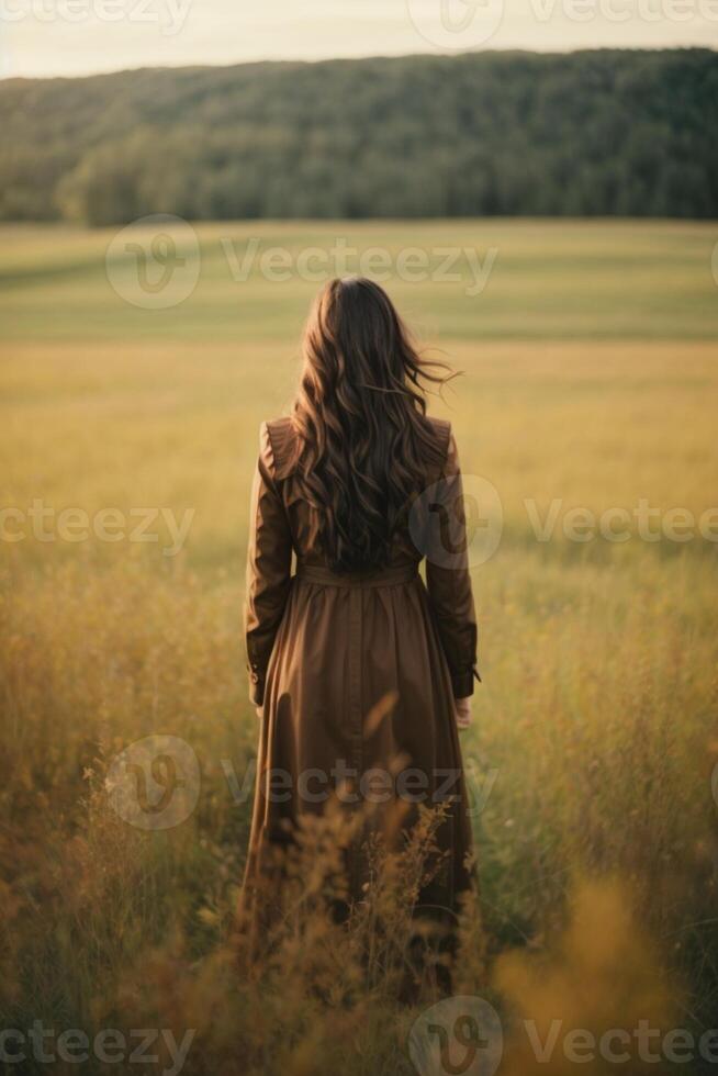 une femme dans une marron robe permanent dans une champ photo