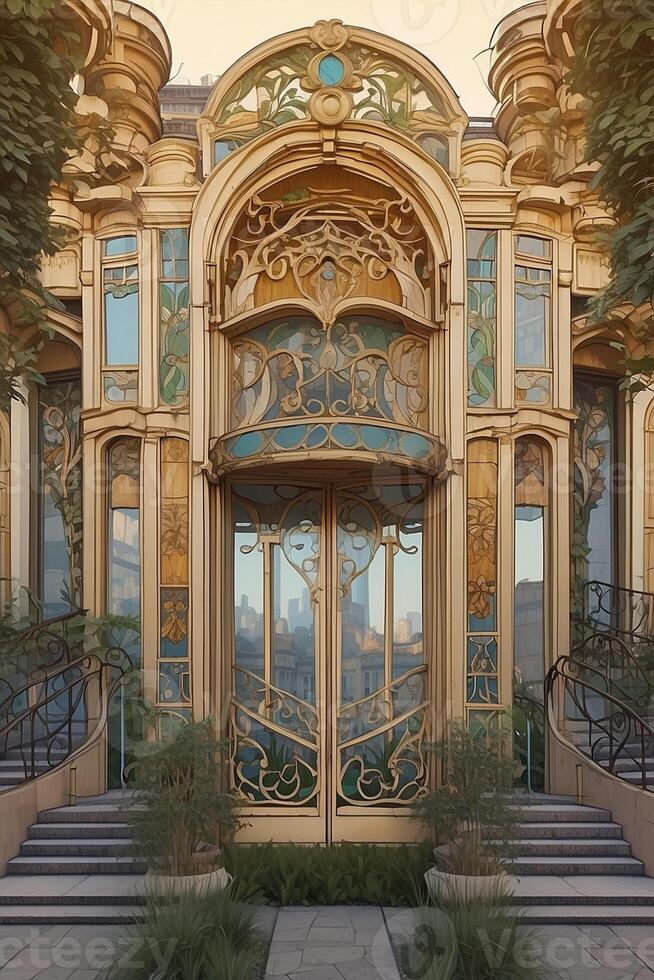 une d'or bâtiment avec fleuri détails et une grand entrée photo