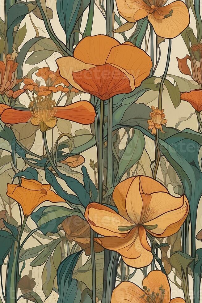 un illustration de Orange fleurs et feuilles photo